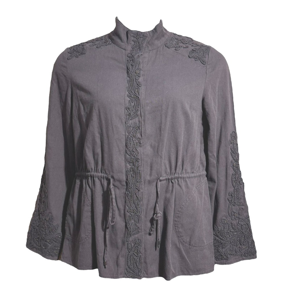 NWT Anthropologie Love Sam Charcoal Gray Travis Beaded Military Jacket Medium